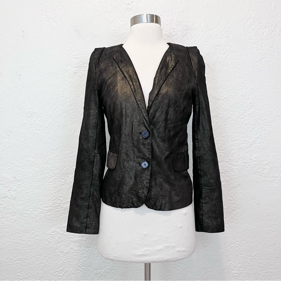 Sandro Paris Small 1 Blazer Jacket 100% Genuine Leather Black Gold S - Picture 1 of 14